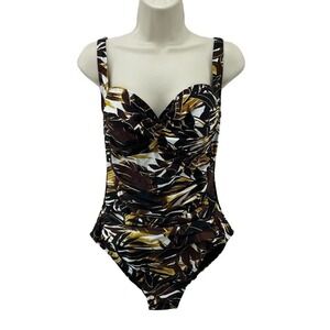 Simply Swim One Piece Swimsuit Womens 12 Brown Tropical Cinch Waist NWOT